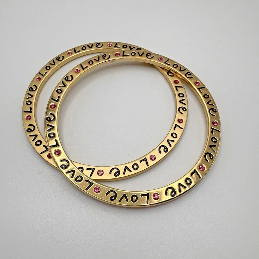 Vintage Bangle Bracelet Set Love Pink Stones Gold Tone Matte and Shiny 8.25